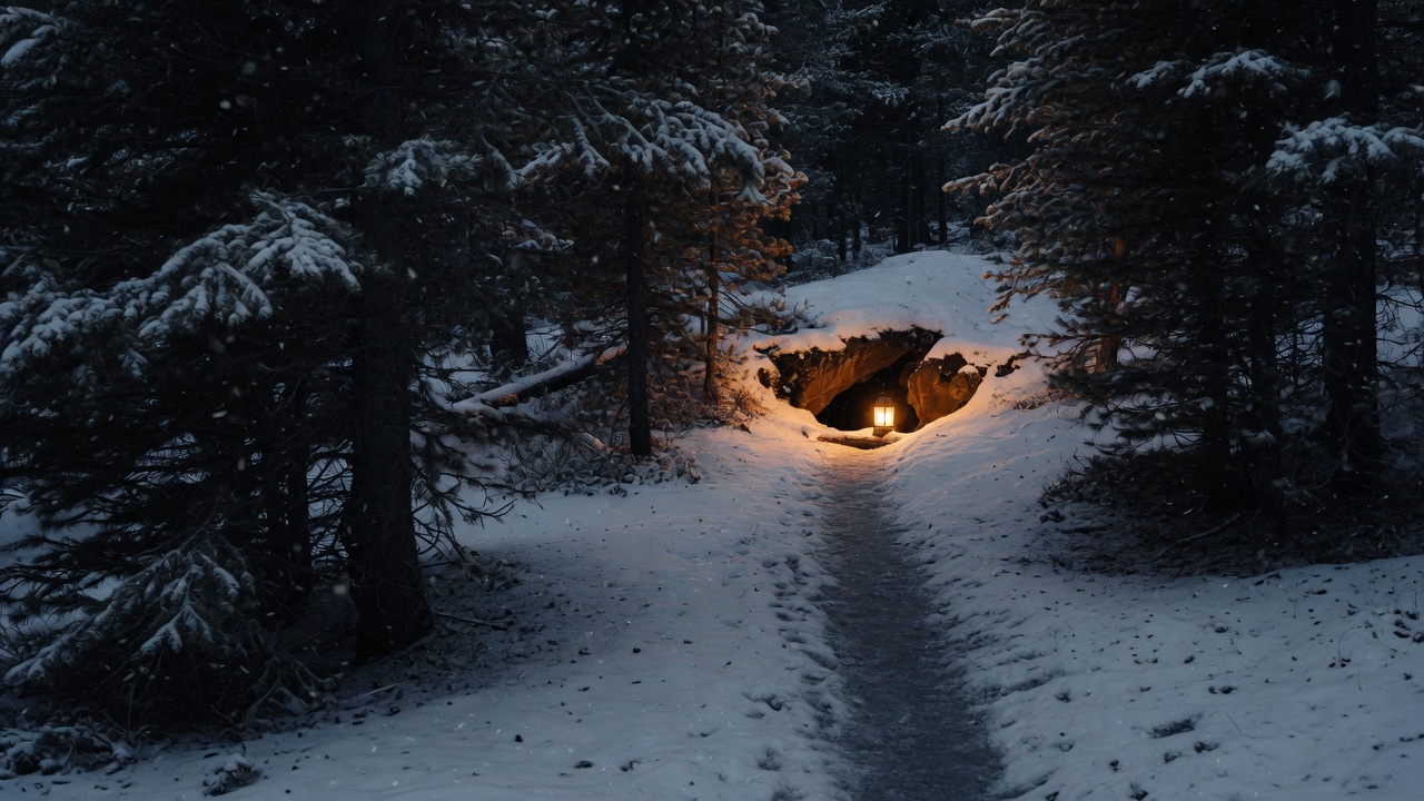 A winter trail marked with amber blazes through slate snow